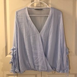 Zara pale blue blouse with ruffle sleeves